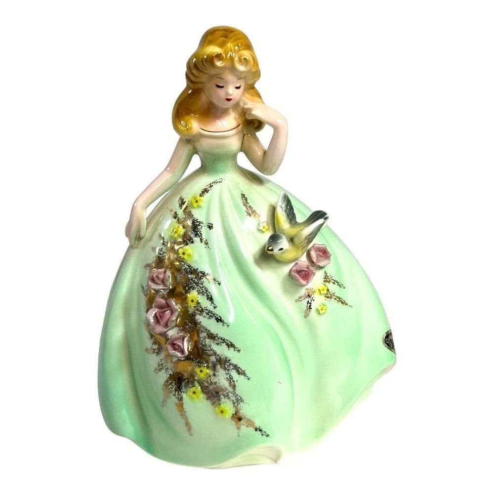 Vintage Josef Original Fantasia Series Girl in Green Dress Bird and Butterflies